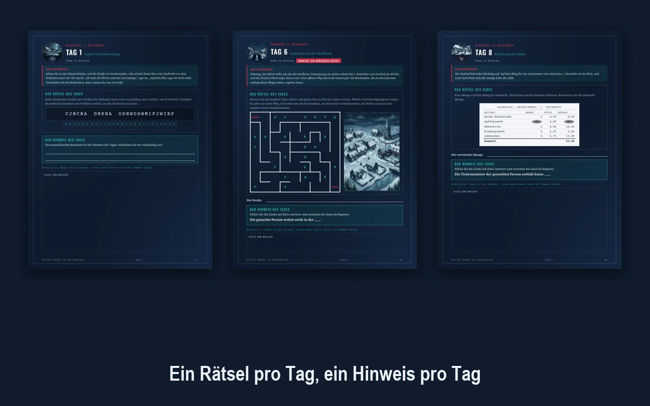 Drei Tagesseiten aus dem Advents-Krimi: eine Caesar-Verschlüsselung, ein Labyrinth auf der Dorfkarte und eine Rechnung