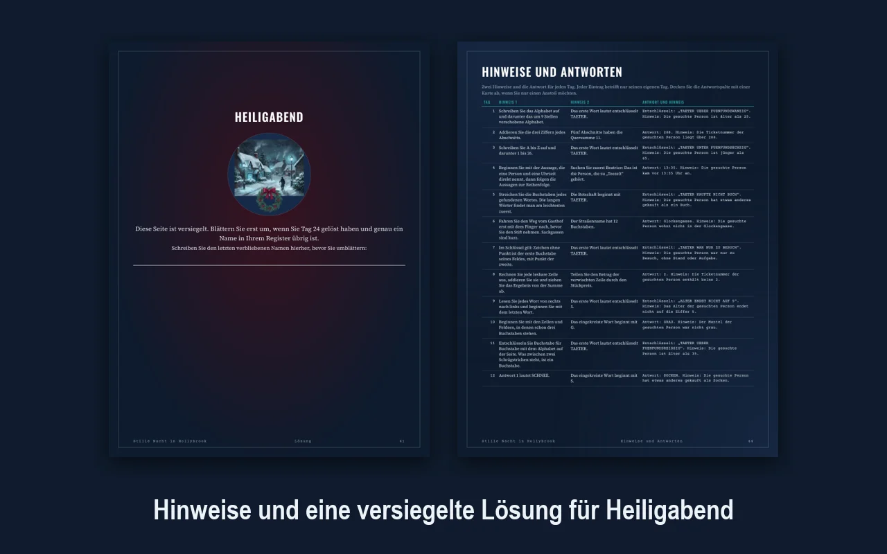 Die versiegelte Lösungsseite für Heiligabend und eine Seite mit Hinweisen und Antworten