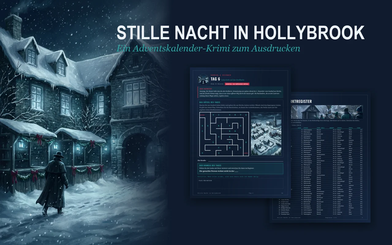 Stille Nacht in Hollybrook, Krimi-Adventskalender zum Ausdrucken: ein eingeschneiter Gasthof bei Nacht mit dem Titel