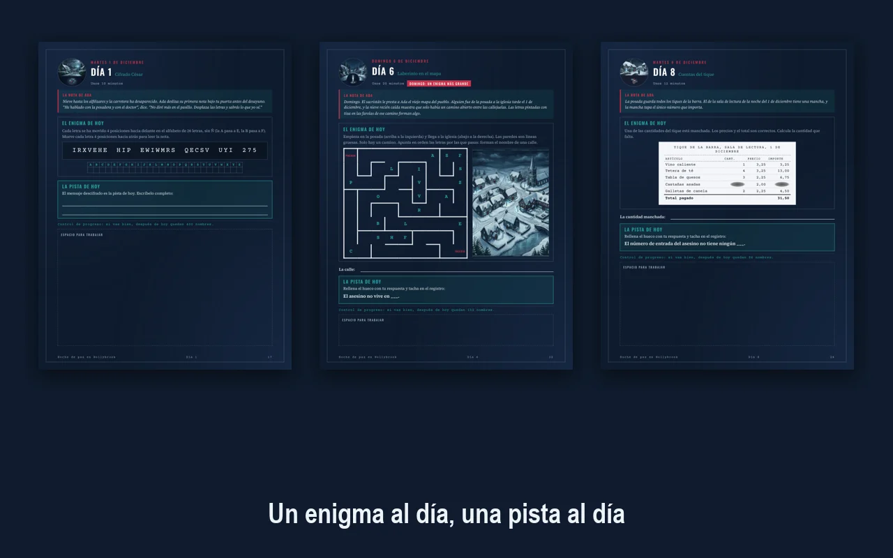 Tres páginas diarias del misterio de adviento: un cifrado César, un laberinto en el mapa del pueblo y las cuentas de un tique