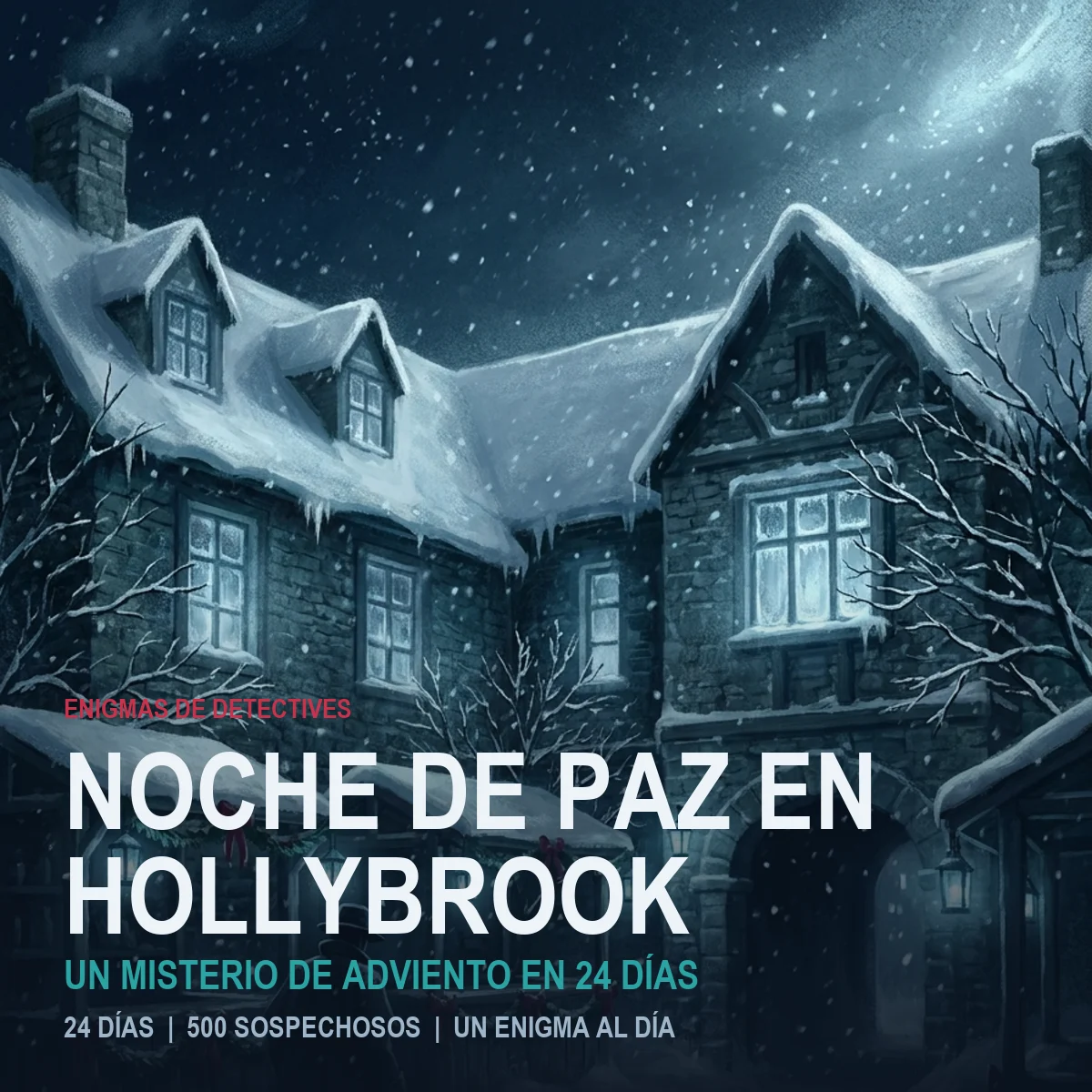 Misterio de adviento para imprimir Noche de paz en Hollybrook: una posada nevada de noche con el título encima