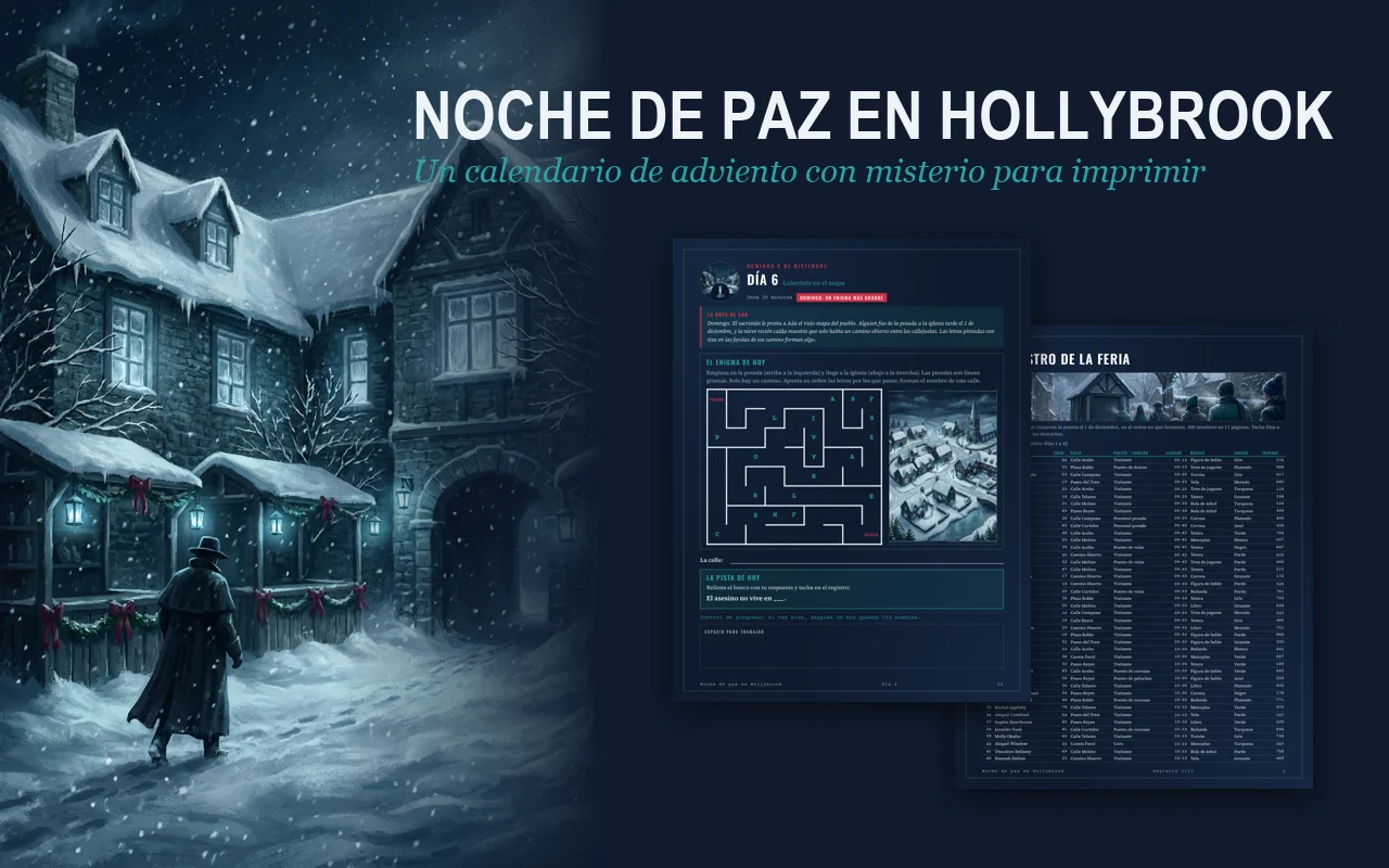 Misterio de adviento para imprimir Noche de paz en Hollybrook: una posada nevada de noche con el título encima