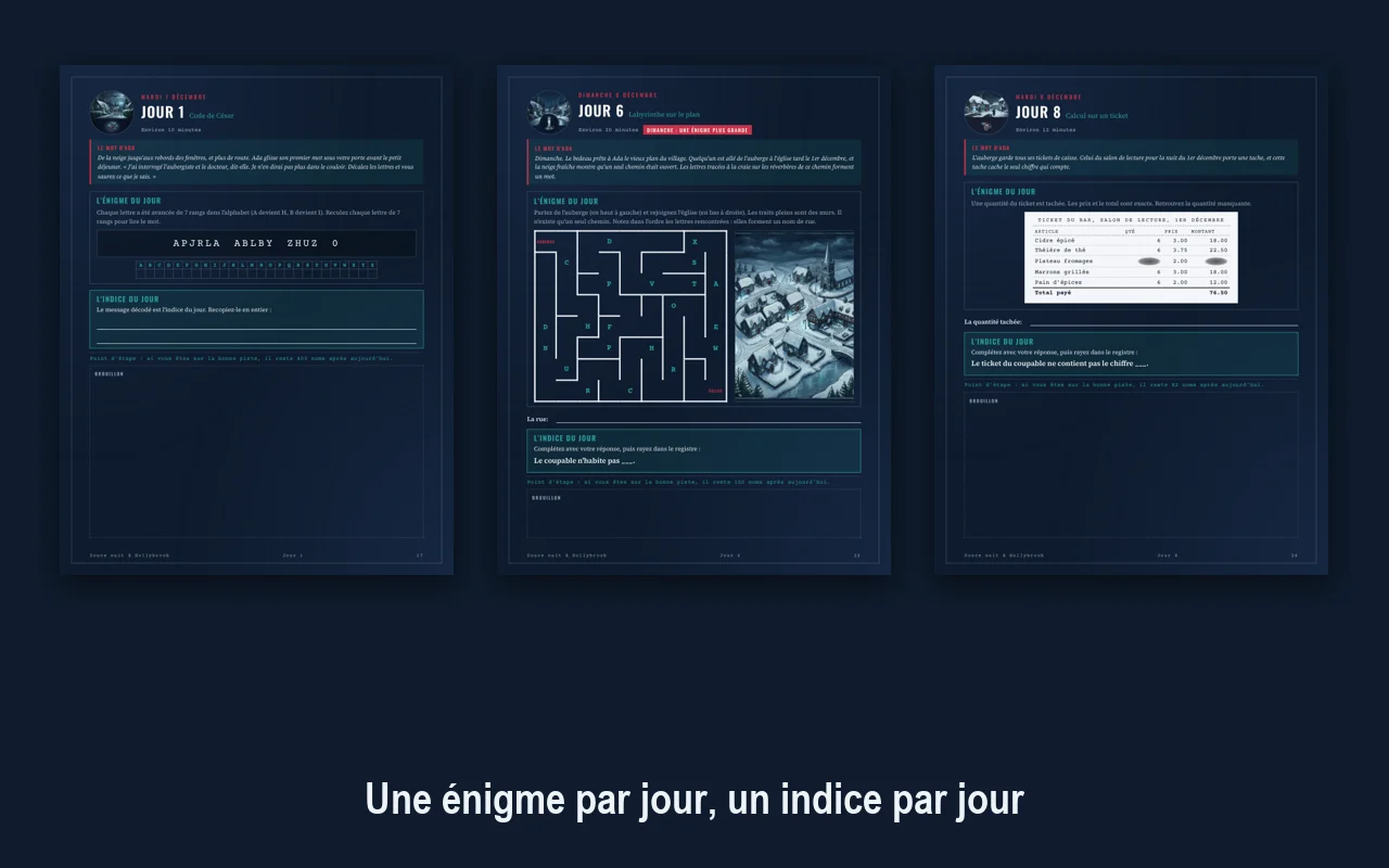 Trois pages du jour de l'enquête de l'Avent : un code de César, un labyrinthe sur le plan du village et un calcul sur un ticket