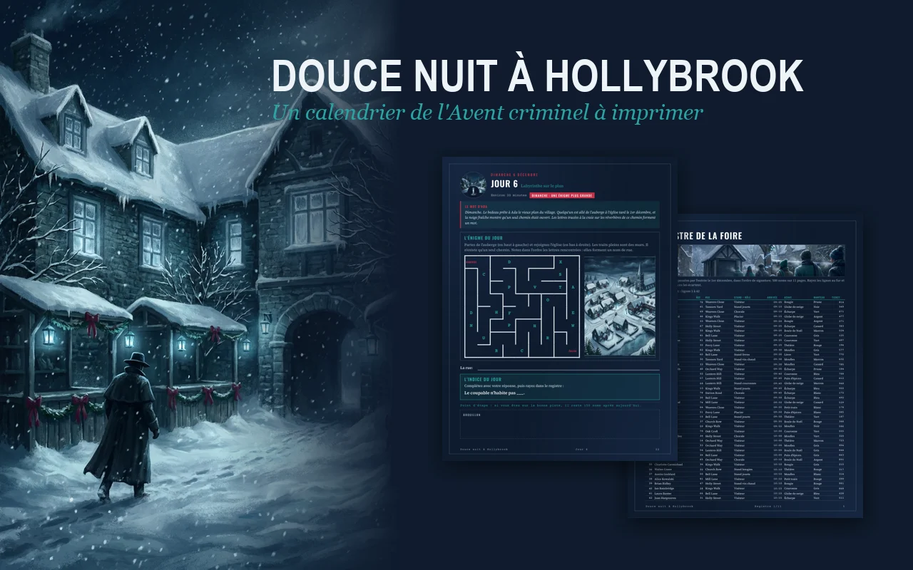 Douce nuit à Hollybrook, calendrier de l'Avent criminel à imprimer : une auberge enneigée la nuit avec le titre