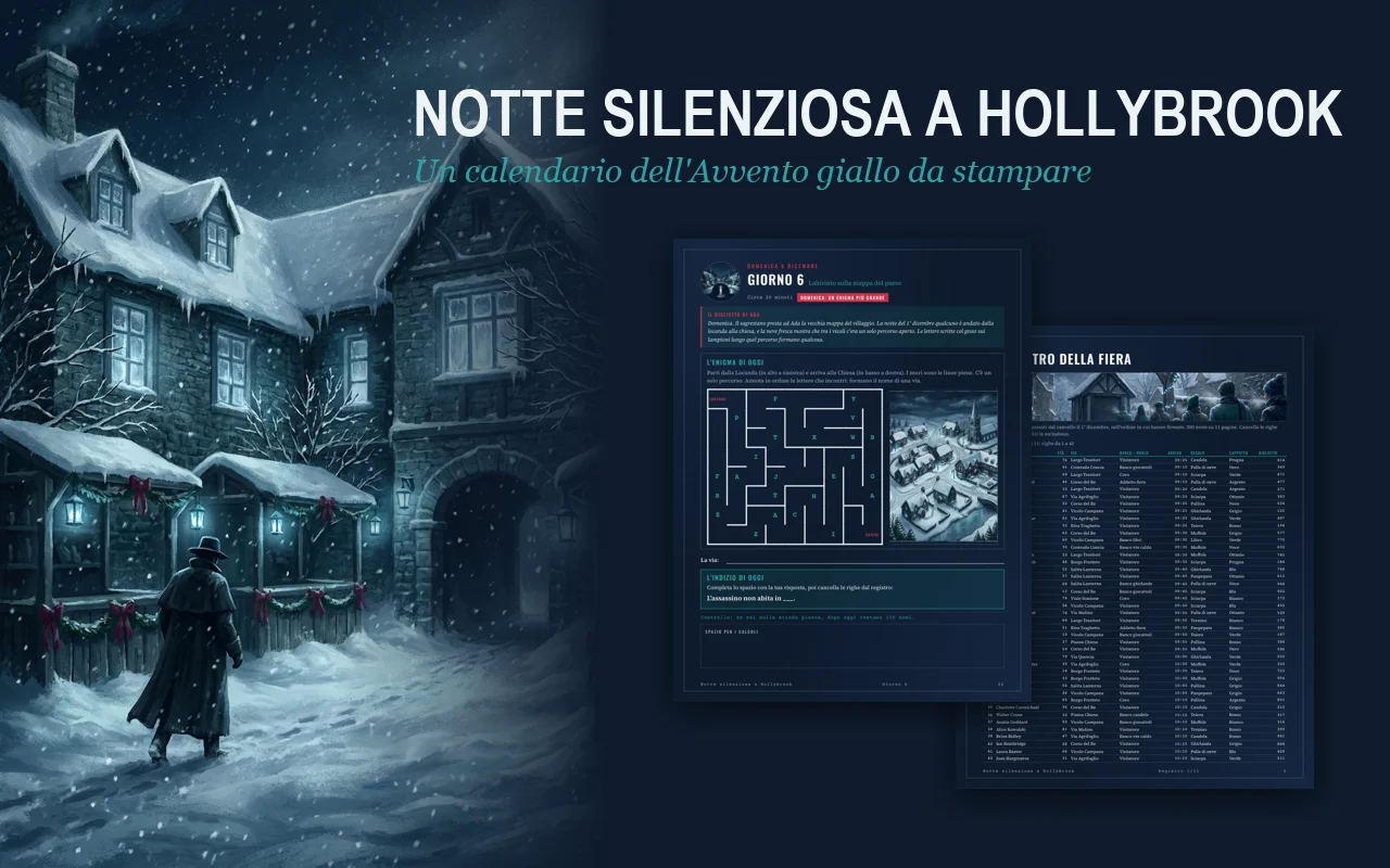 Notte silenziosa a Hollybrook, calendario dell'Avvento giallo da stampare: una locanda innevata di notte con il titolo sopra