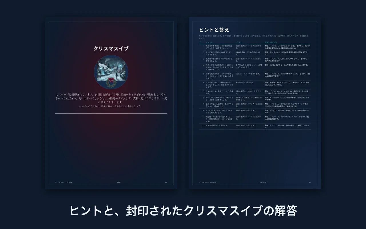 封印されたクリスマスイブの解答ページと、ヒントと答えのページ
