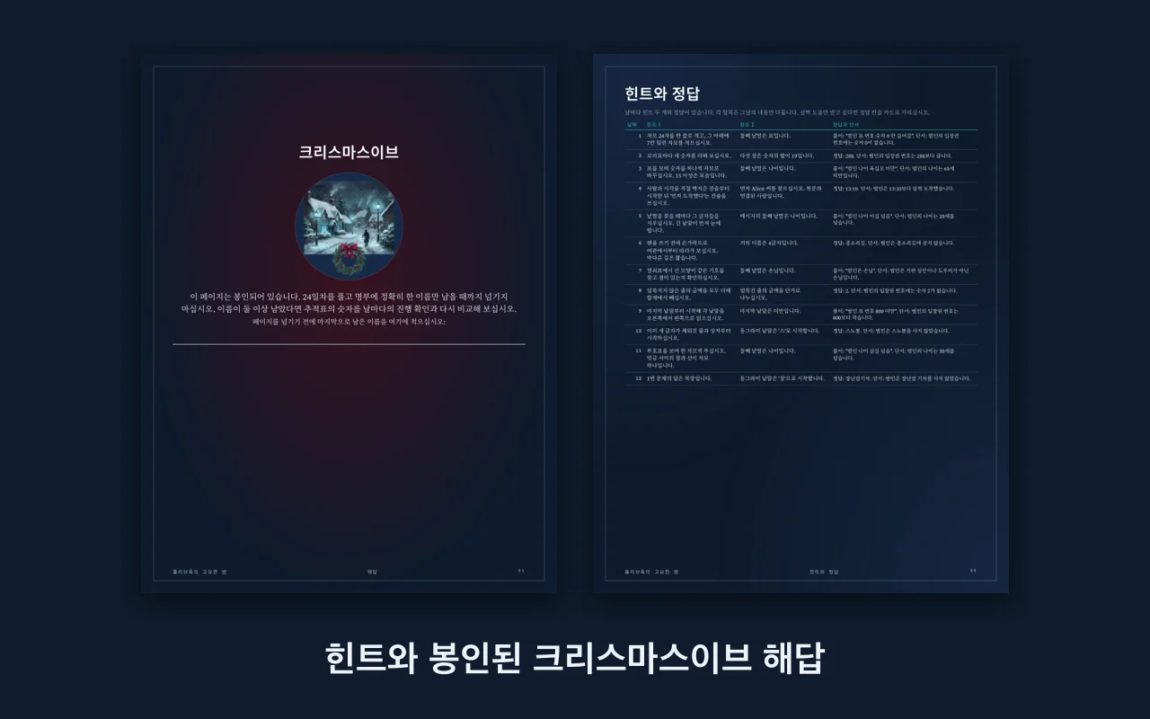 봉인된 크리스마스이브 해답 페이지와 힌트와 정답 페이지