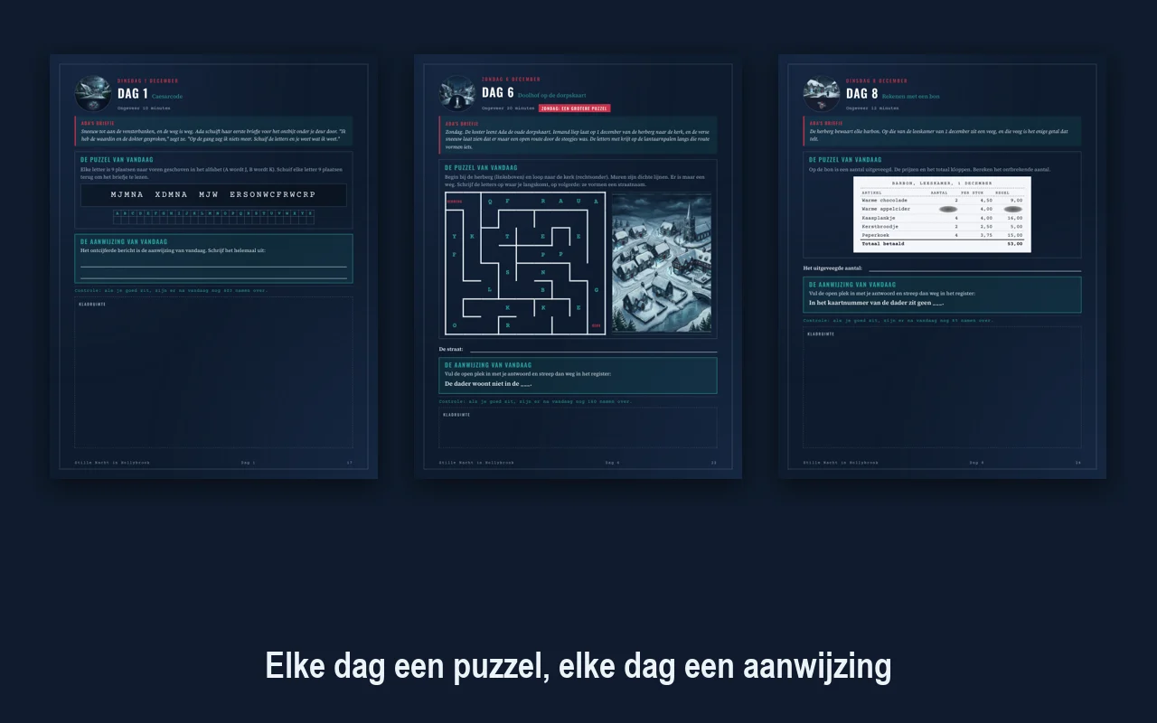 Drie dagpagina's uit het adventsmysterie: een caesarcode, een doolhof op de dorpskaart en een puzzel met een bon