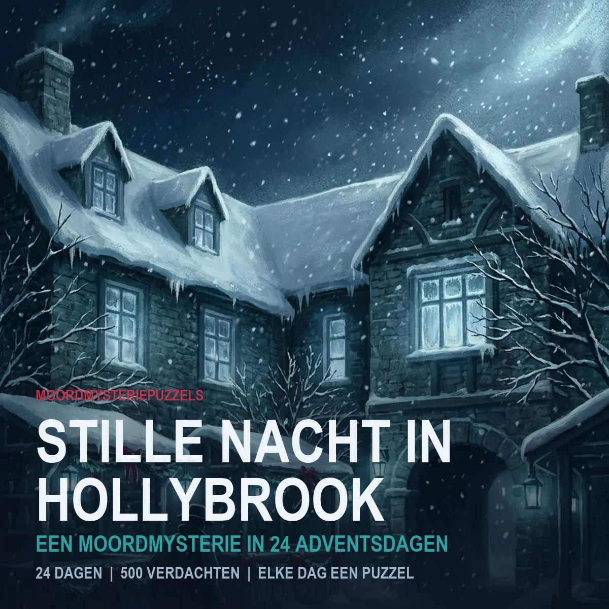 Stille Nacht in Hollybrook, printbaar adventsmoordmysterie: een ingesneeuwde herberg bij nacht met de titel erover