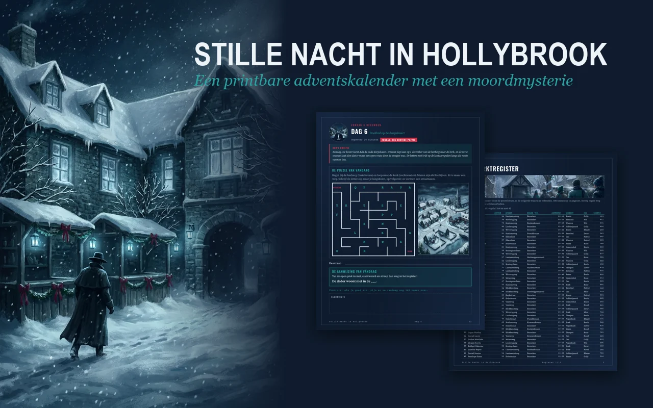 Stille Nacht in Hollybrook, printbaar adventsmoordmysterie: een ingesneeuwde herberg bij nacht met de titel erover