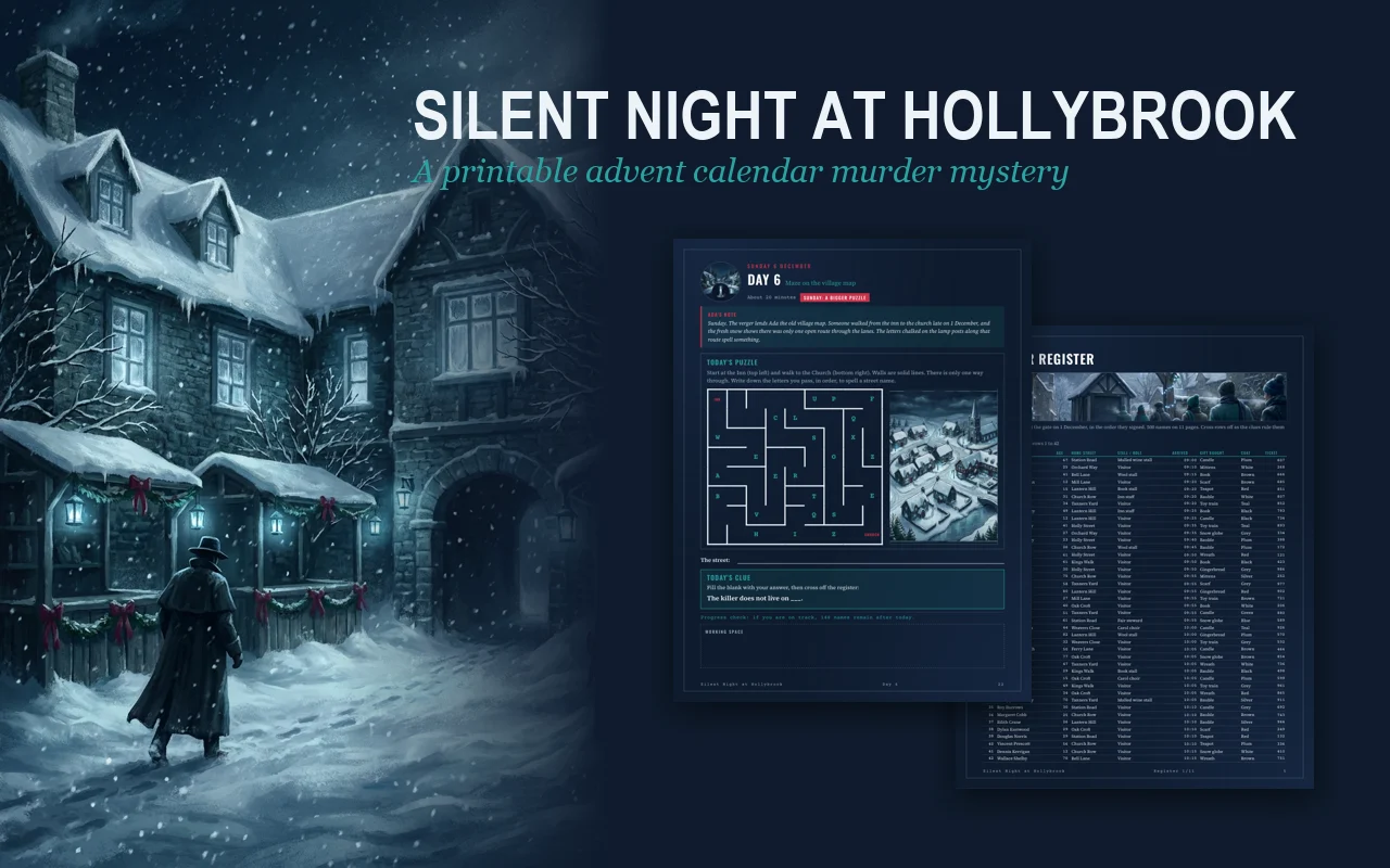 Silent Night at Hollybrook printable advent murder mystery: a snowed-in inn at night with the title over it