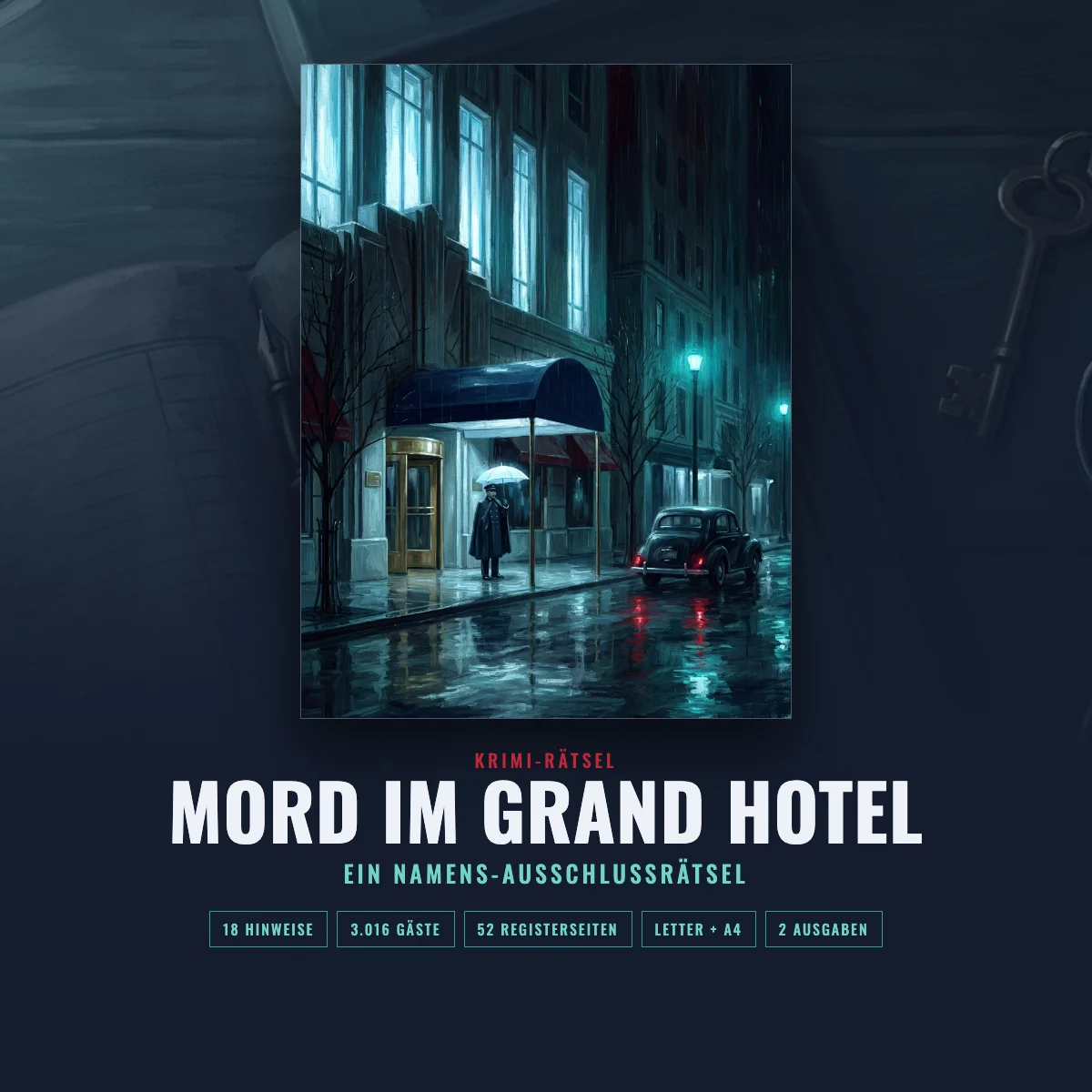 Mord im Grand Hotel, Rätsel zum Ausdrucken: Titelseite und Registerseiten auf einem dunklen Schreibtisch