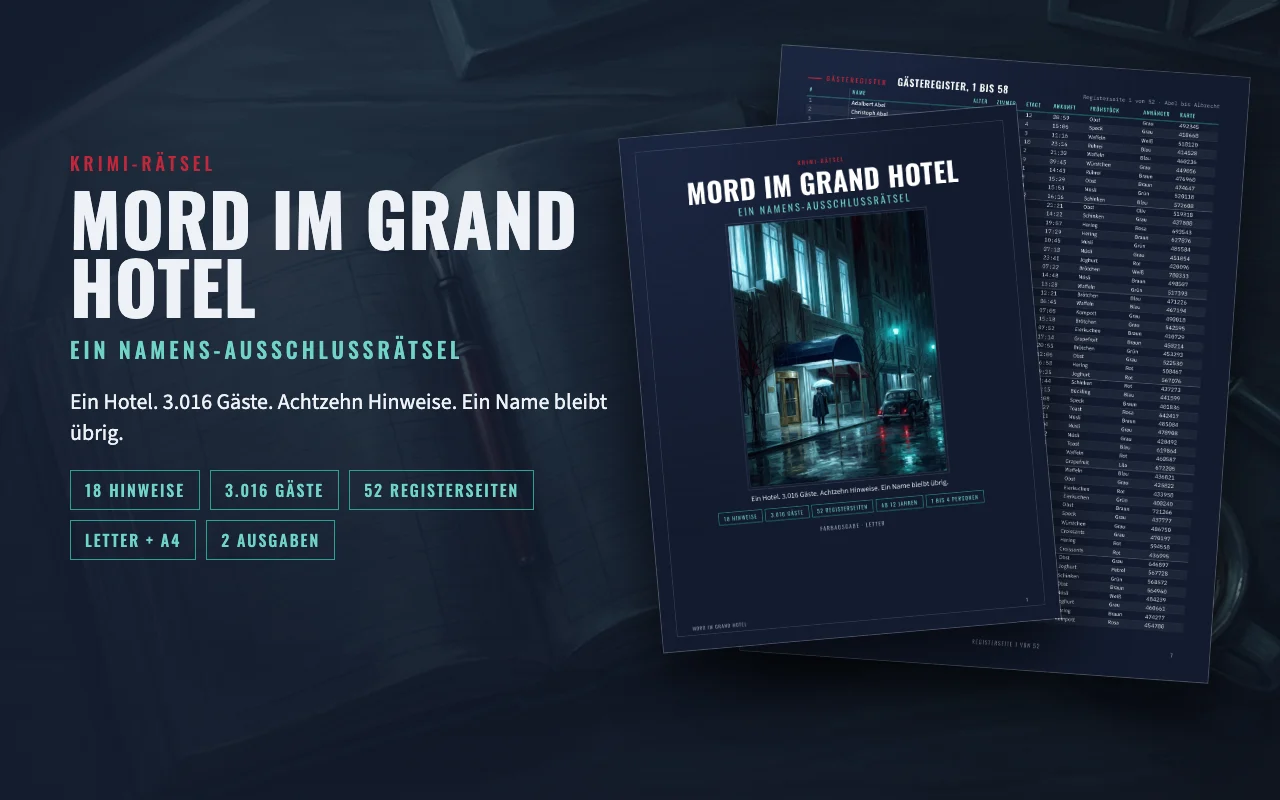 Mord im Grand Hotel, Rätsel zum Ausdrucken: Titelseite und Registerseiten auf einem dunklen Schreibtisch