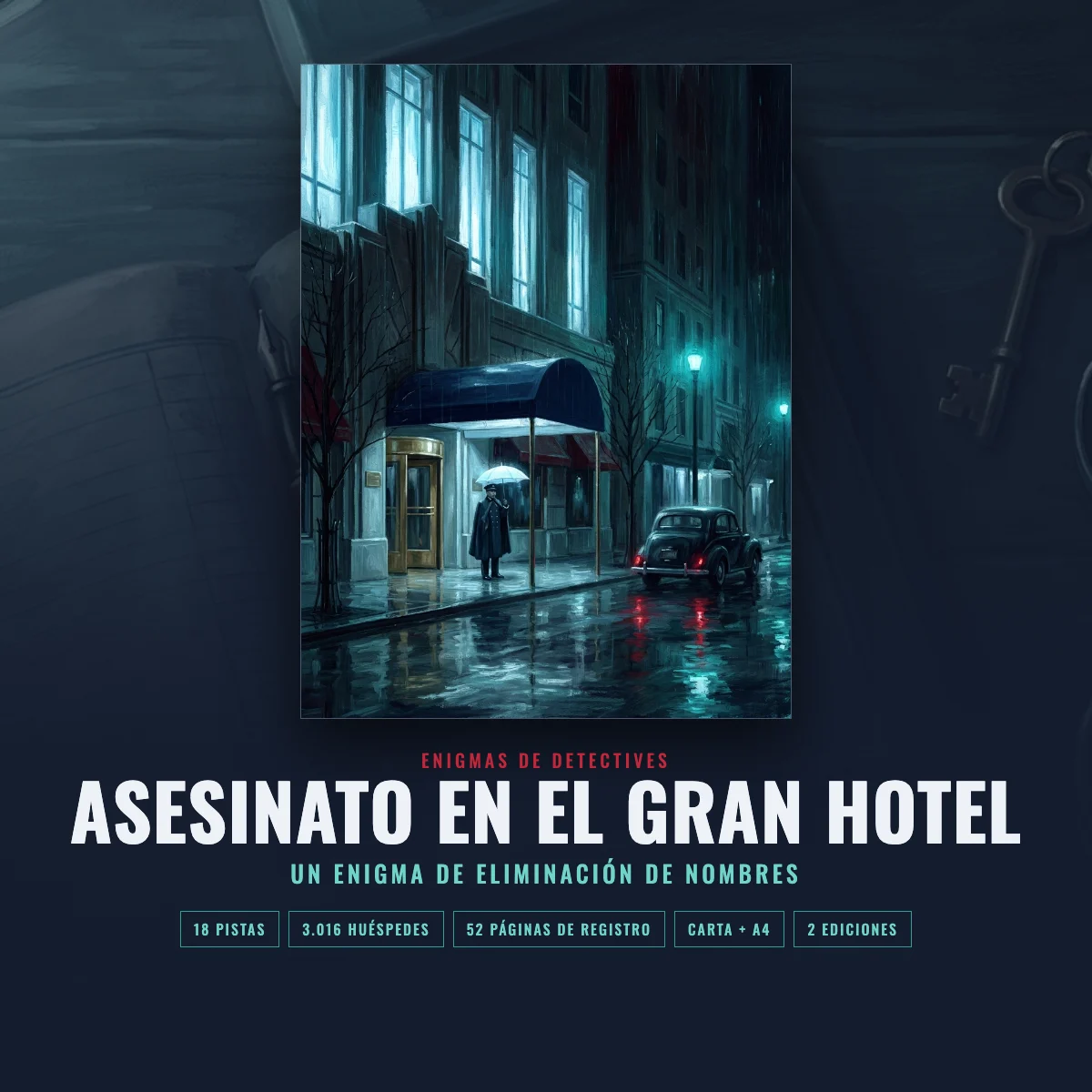 Enigma para imprimir Asesinato en el Gran Hotel: portada y páginas del registro sobre una mesa oscura