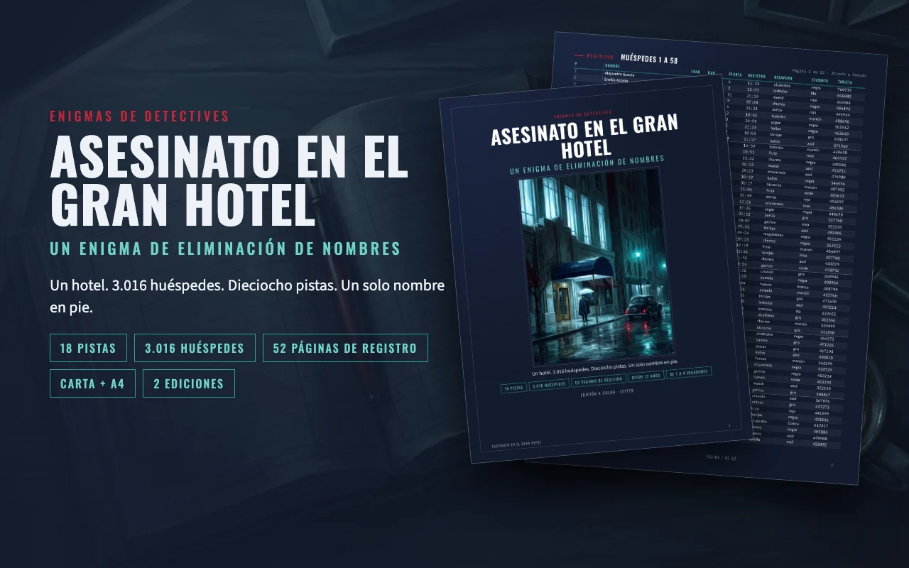 Enigma para imprimir Asesinato en el Gran Hotel: portada y páginas del registro sobre una mesa oscura
