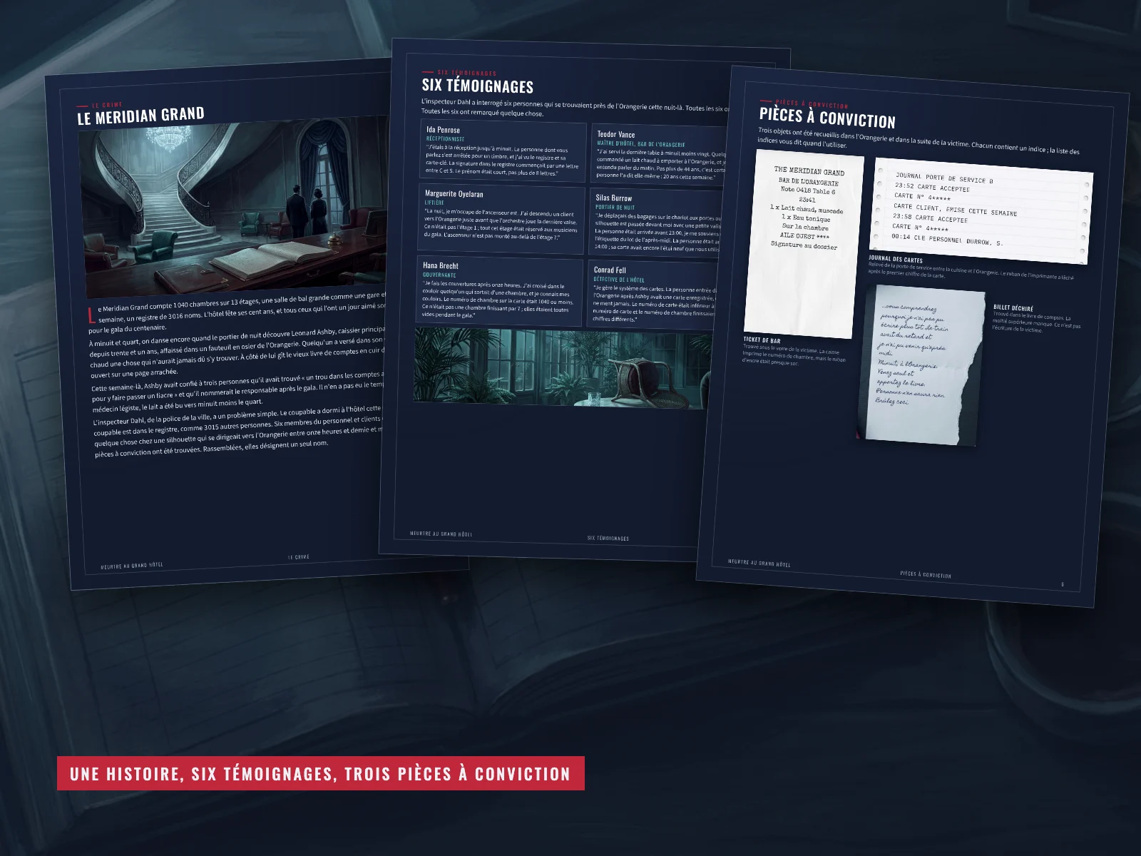 Page de l'histoire, six témoignages et page des pièces à conviction de Meurtre au Grand Hôtel