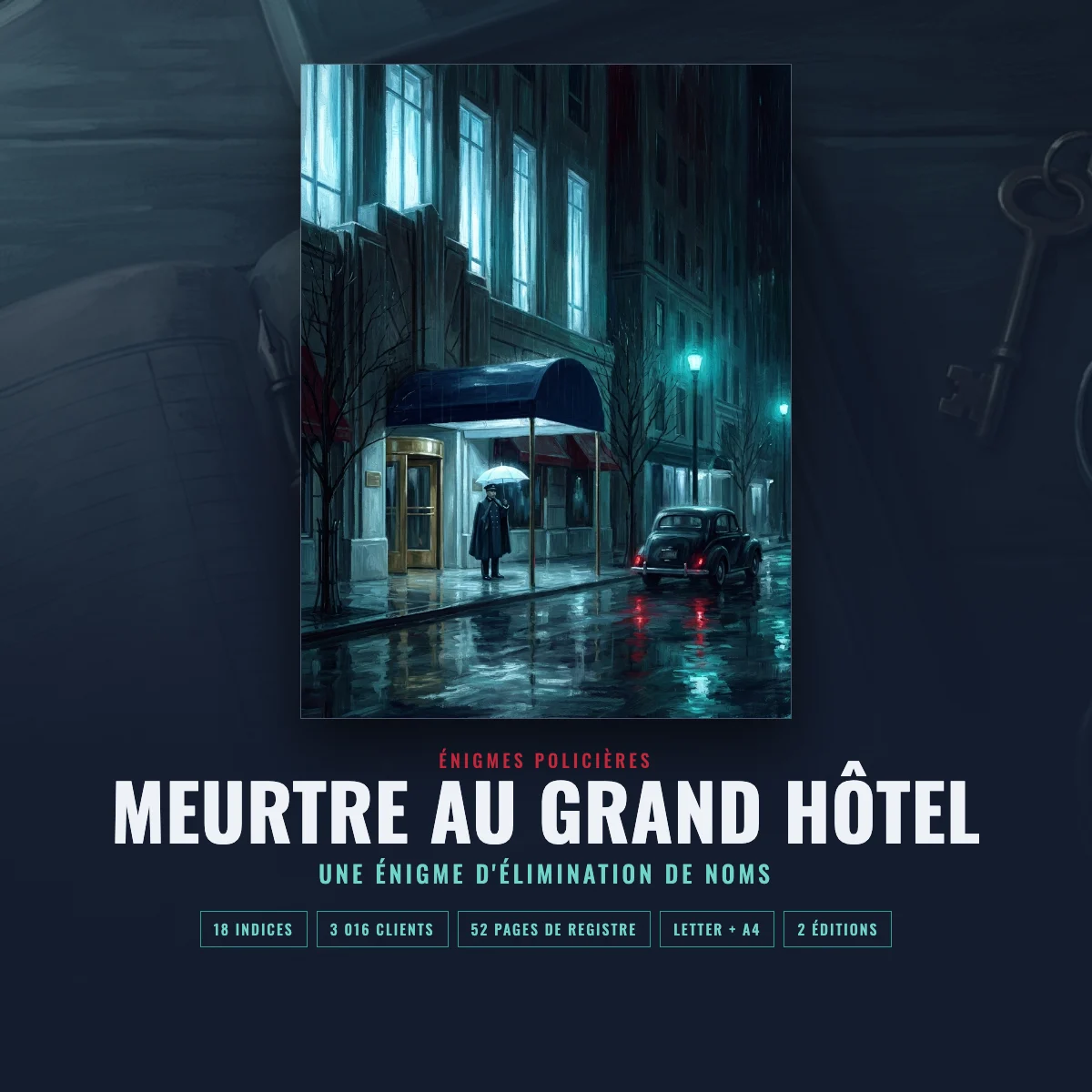 Meurtre au Grand Hôtel, énigme à imprimer : couverture et pages du registre sur un bureau sombre