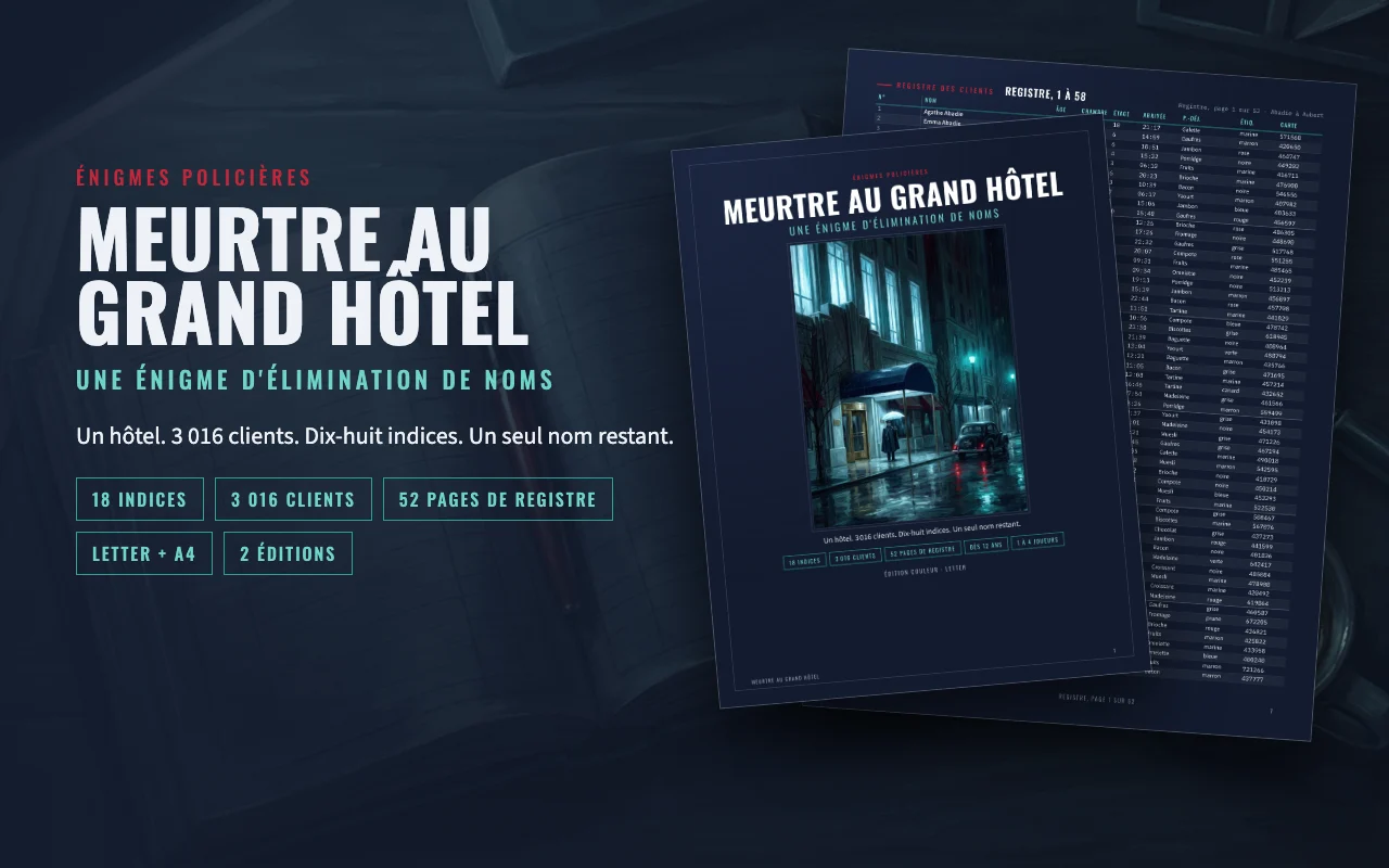 Meurtre au Grand Hôtel, énigme à imprimer : couverture et pages du registre sur un bureau sombre