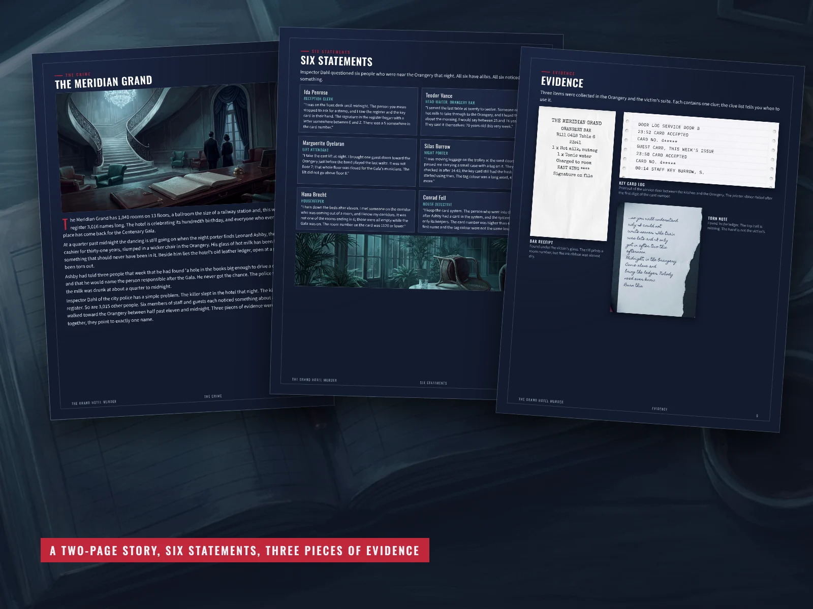 The clue list with progress checks, the coded telegram and the mirror message pages