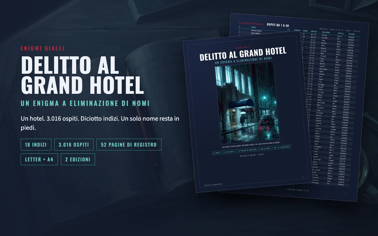 Delitto al Grand Hotel, enigma da stampare: copertina e pagine del registro su una scrivania scura