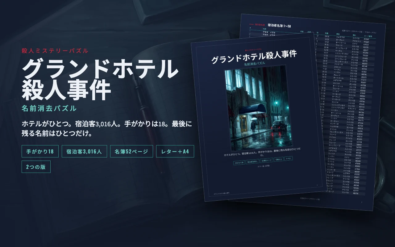 印刷用パズル「グランドホテル殺人事件」：暗い机の上の表紙と名簿のページ
