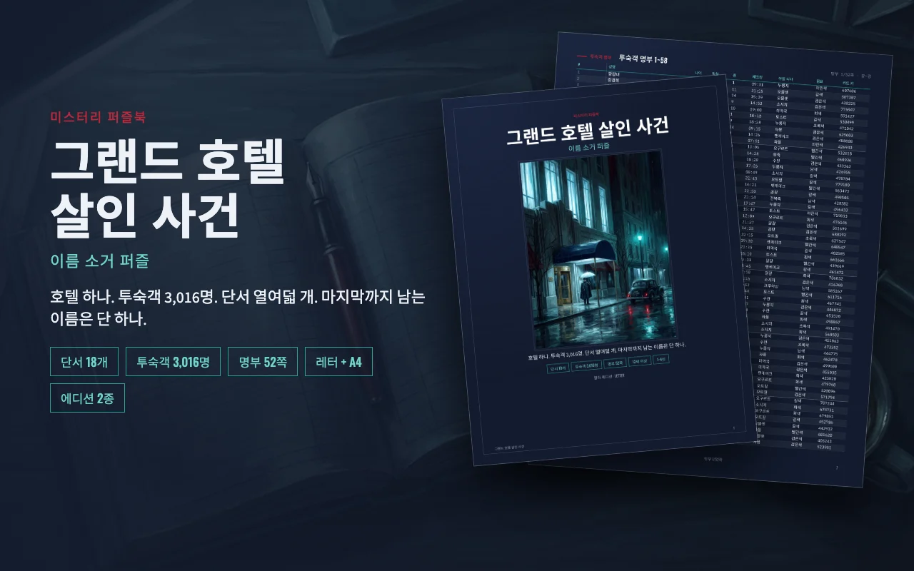 그랜드 호텔 살인 사건 인쇄용 퍼즐: 어두운 책상 위의 표지와 명부 쪽