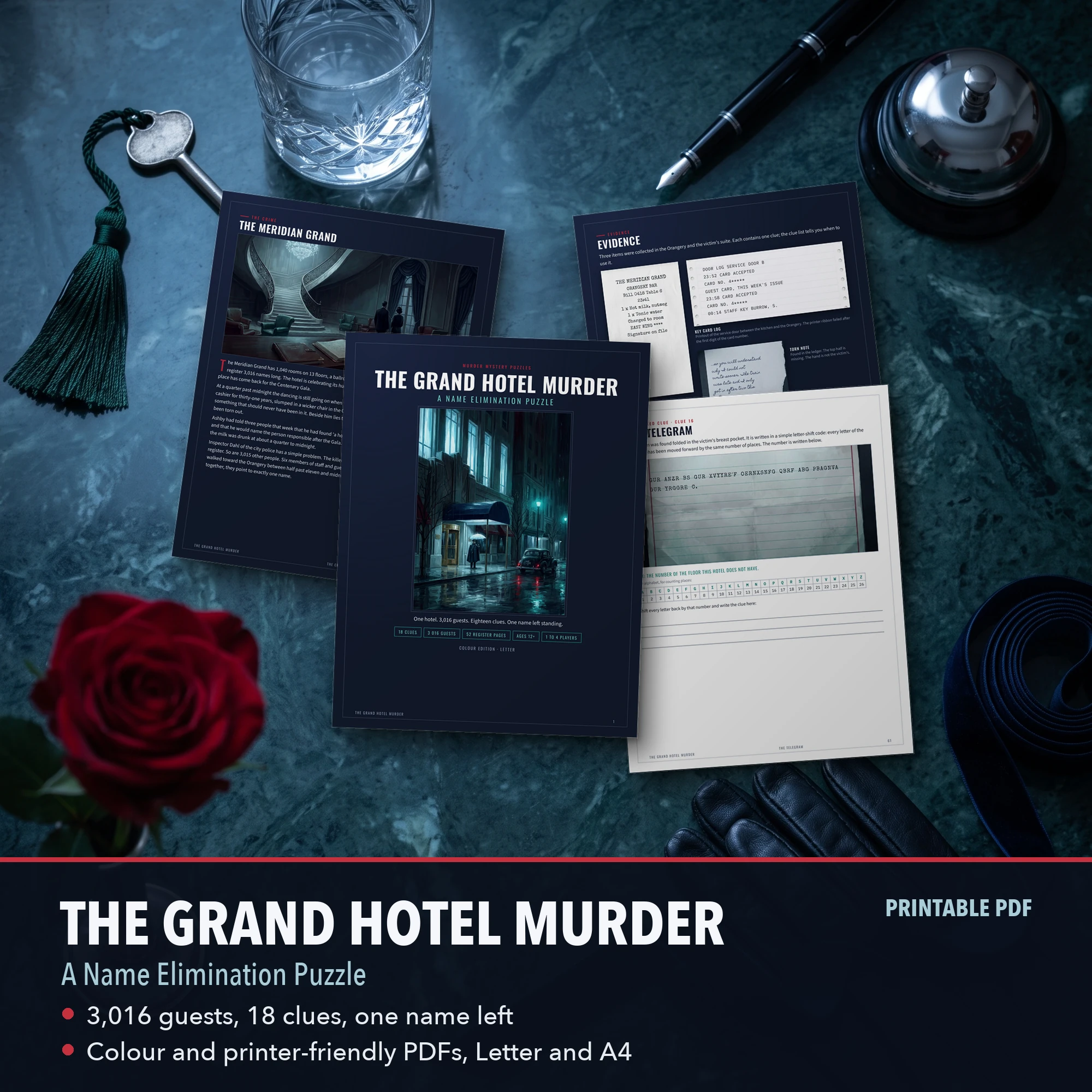 Story page, six witness statements and the evidence page of The Grand Hotel Murder