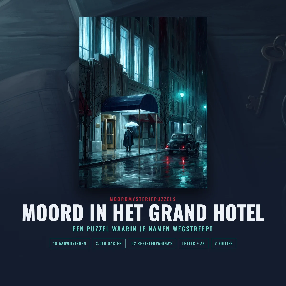 Moord in het Grand Hotel, printbare puzzel: omslag en registerpagina's op een donker bureau