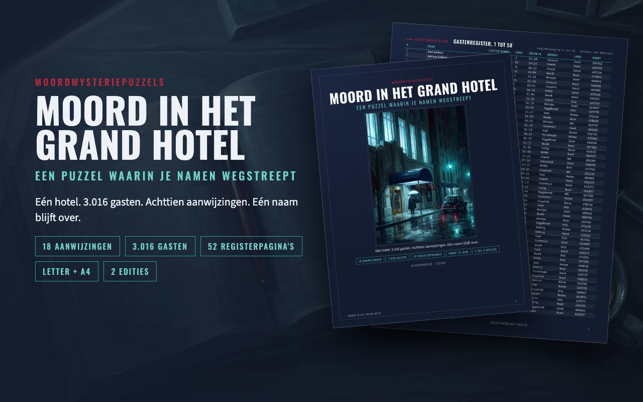 Moord in het Grand Hotel, printbare puzzel: omslag en registerpagina's op een donker bureau