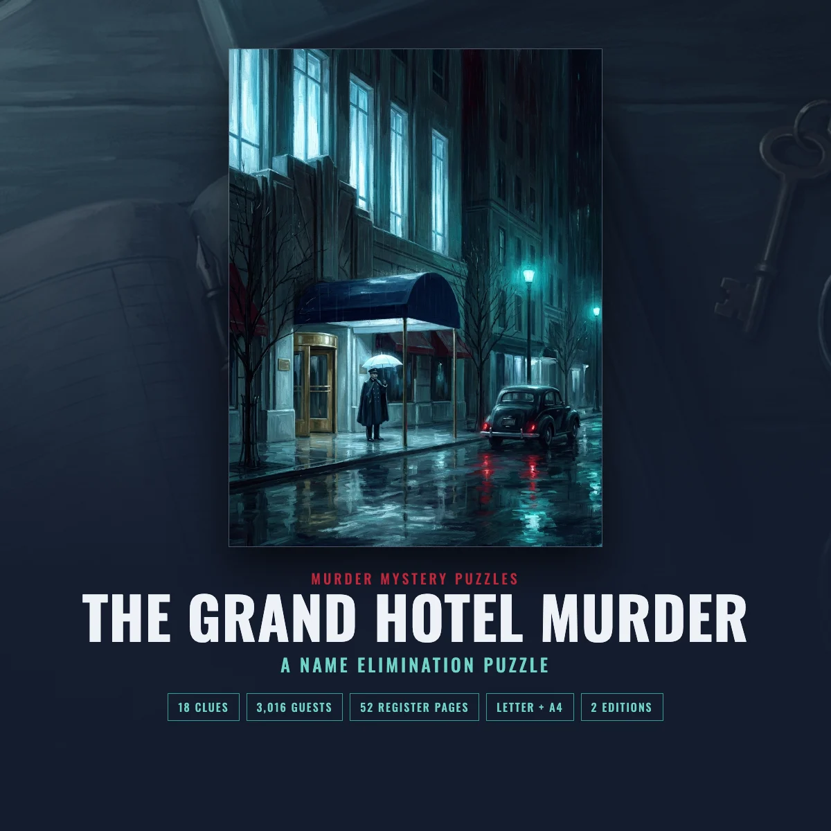 The Grand Hotel Murder printable puzzle: cover and register pages on a dark desk