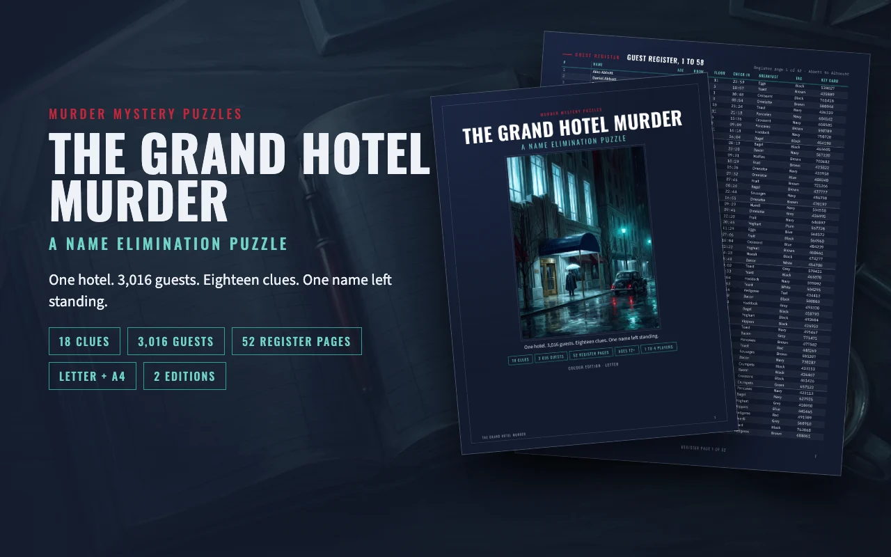 The Grand Hotel Murder printable puzzle: cover and register pages on a dark desk
