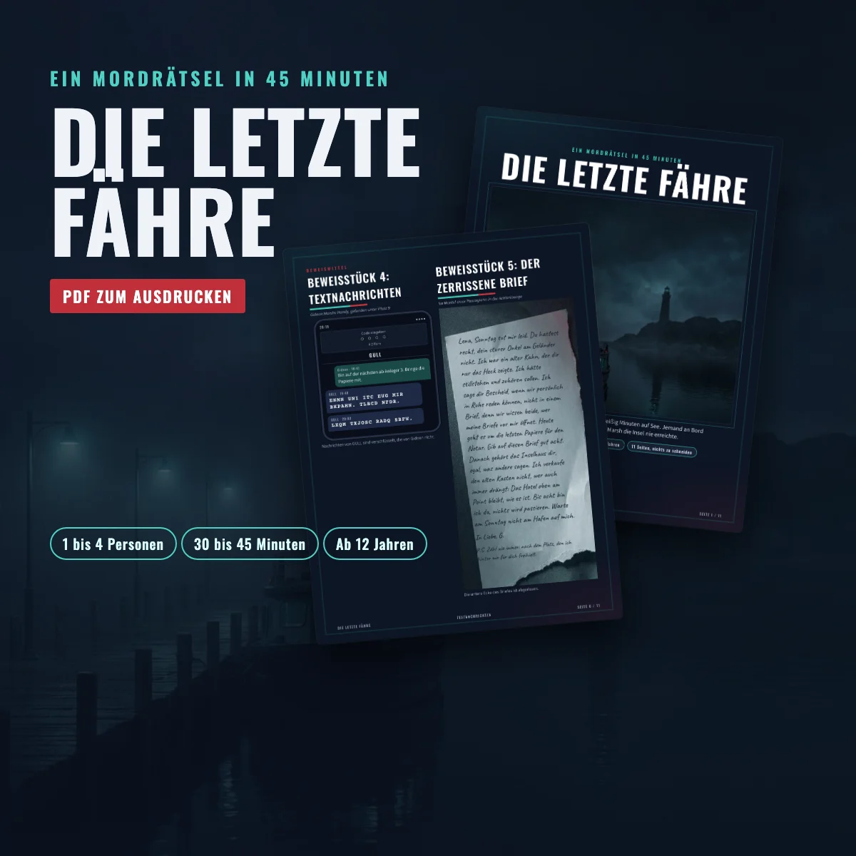 Die letzte Fähre, Krimirätsel zum Ausdrucken: Titelseite und Beweisseiten auf dunklem Hintergrund