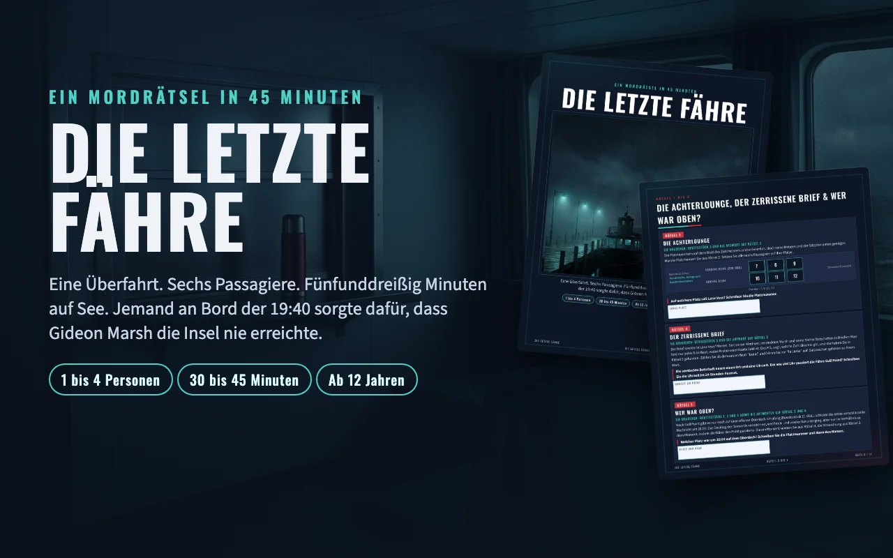 Die letzte Fähre, Krimirätsel zum Ausdrucken: Titelseite und Beweisseiten auf dunklem Hintergrund