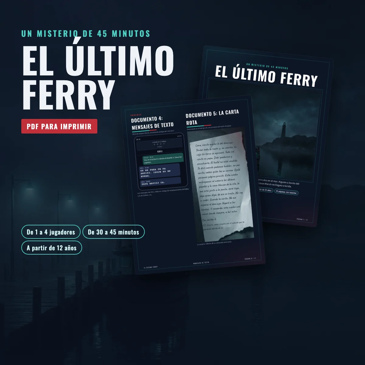 Misterio de asesinato imprimible El último ferry: portada y páginas de pruebas sobre fondo oscuro