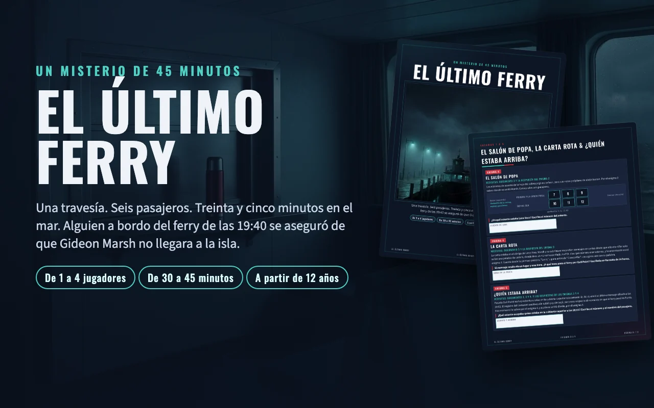 Misterio de asesinato imprimible El último ferry: portada y páginas de pruebas sobre fondo oscuro
