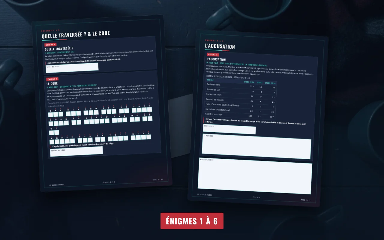 Pages d'énigmes du Dernier Ferry avec cases réponses et accusation finale