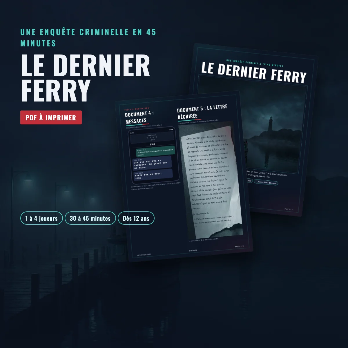 Le Dernier Ferry, enquête criminelle à imprimer : couverture et pièces à conviction sur fond sombre