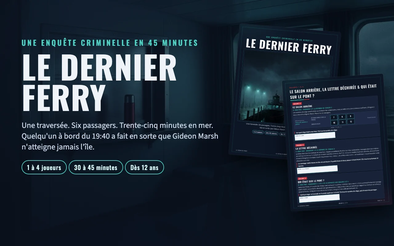 Le Dernier Ferry, enquête criminelle à imprimer : couverture et pièces à conviction sur fond sombre