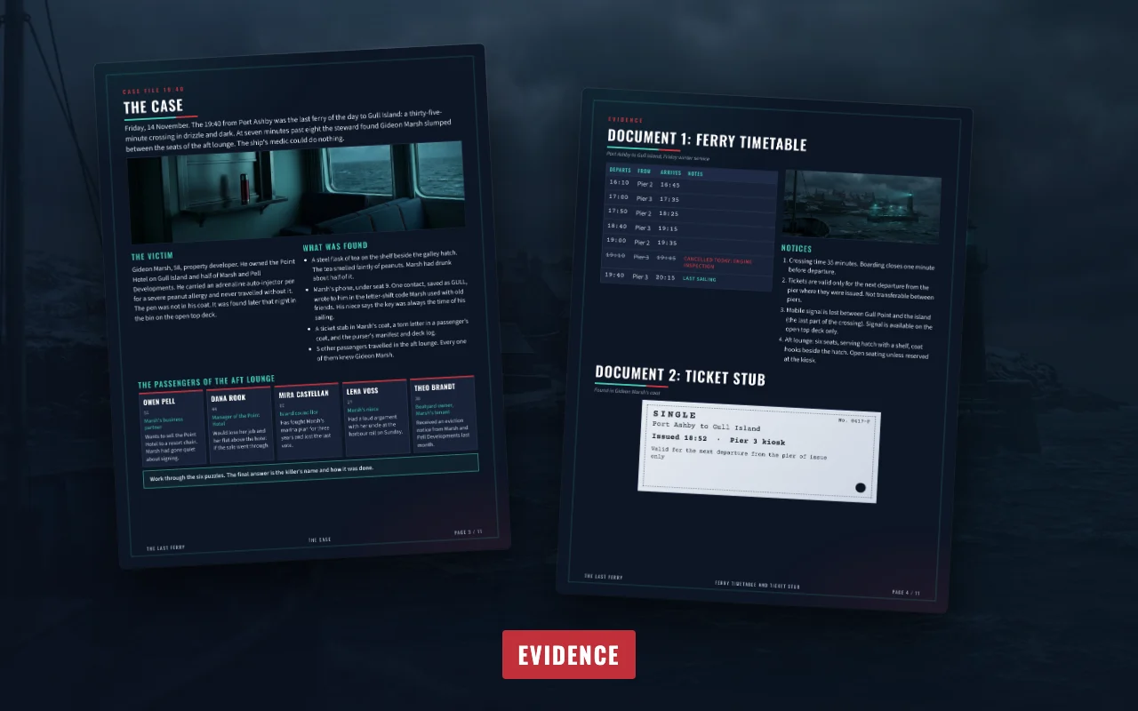 Puzzle pages of The Last Ferry with answer boxes and the final accusation