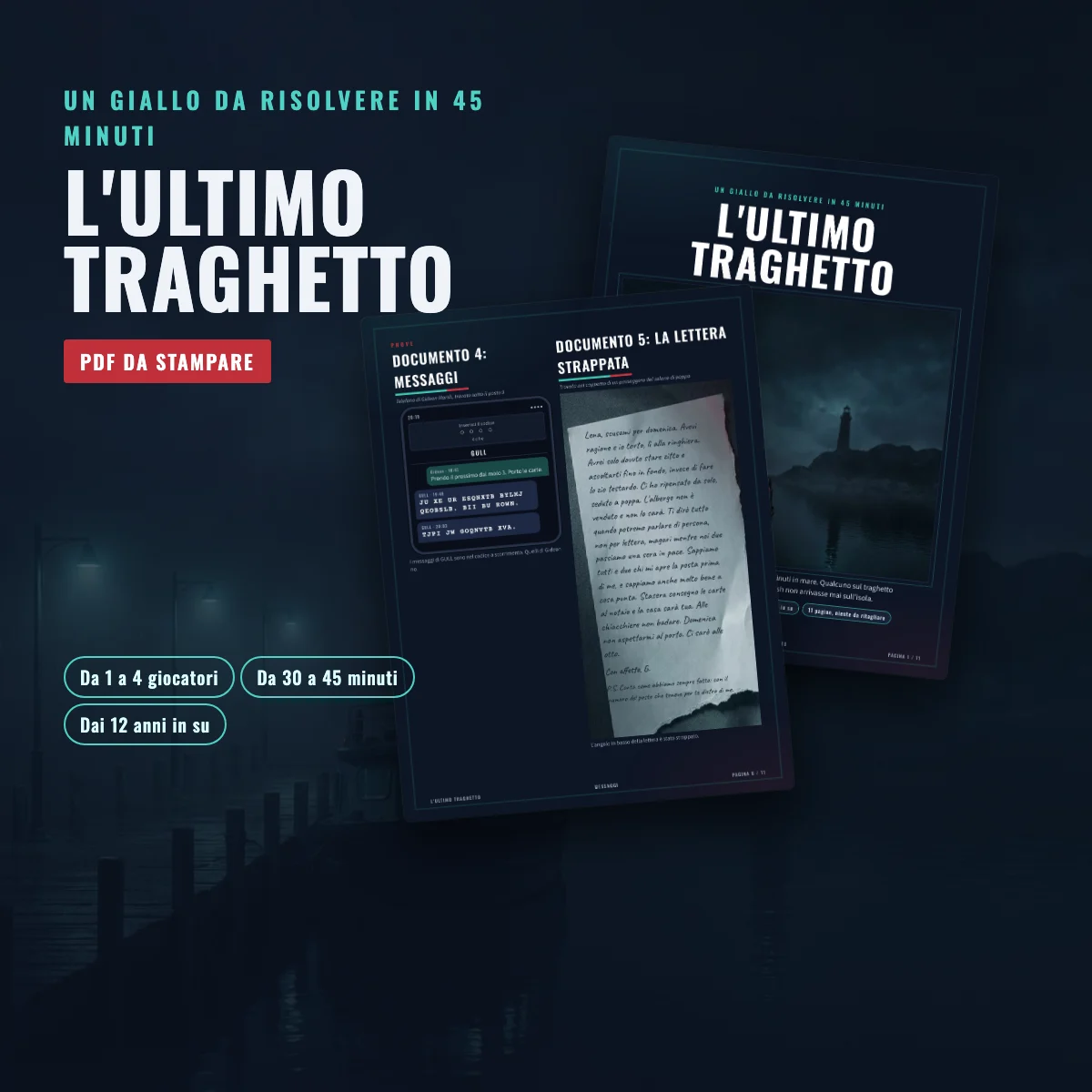 L'ultimo traghetto, giallo da stampare: copertina e pagine delle prove su sfondo scuro