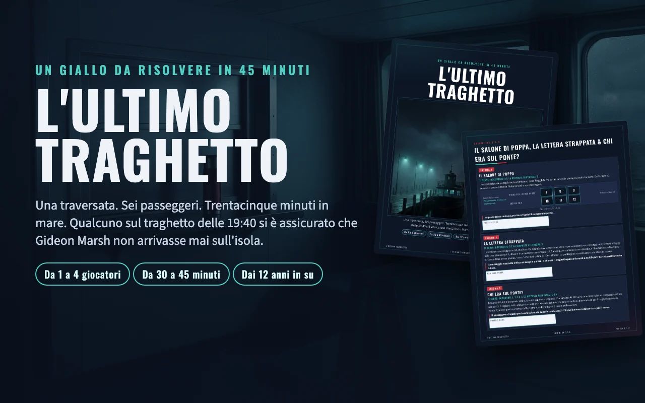 L'ultimo traghetto, giallo da stampare: copertina e pagine delle prove su sfondo scuro