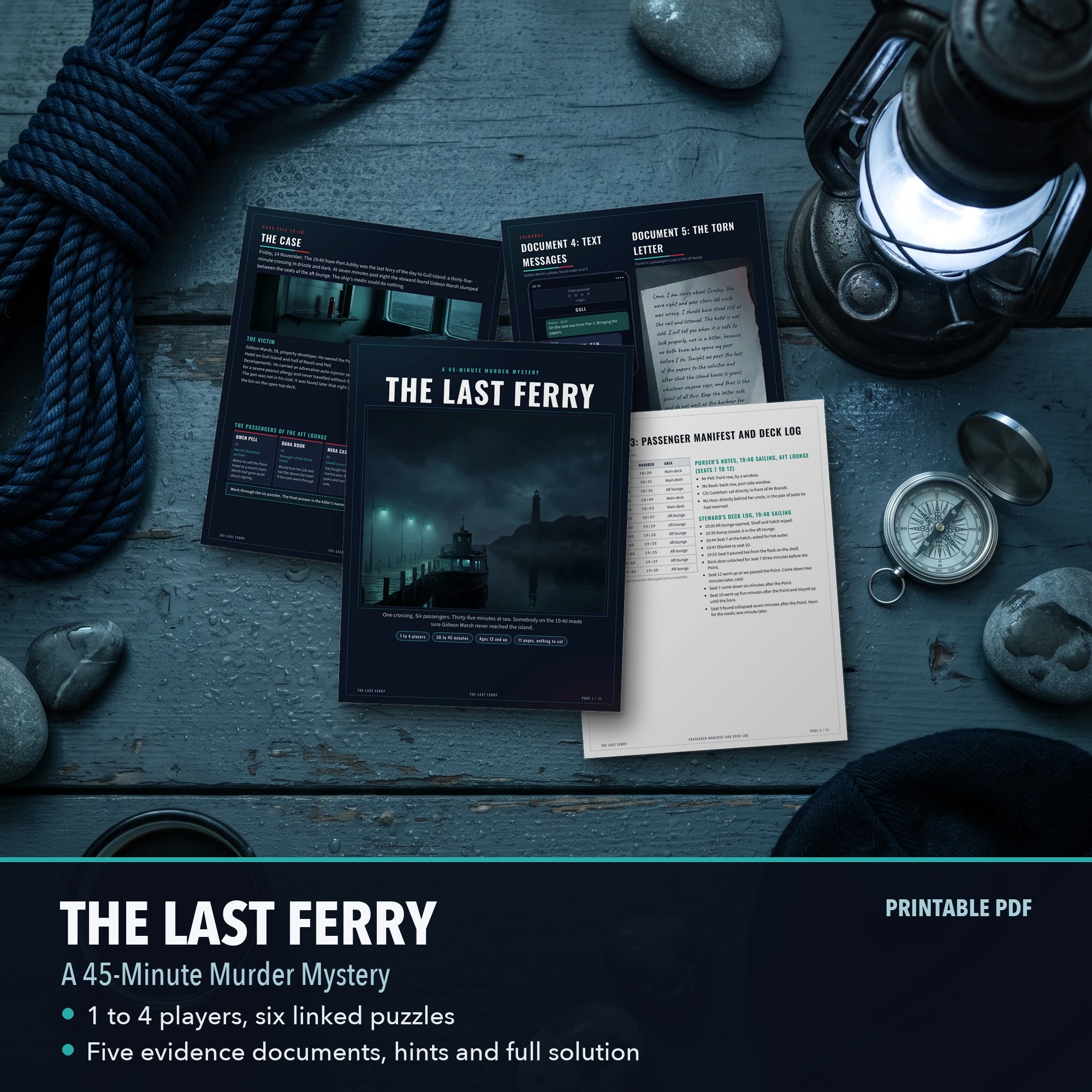 Evidence pages of The Last Ferry: the ferry timetable with ticket stub and the passenger manifest with deck log