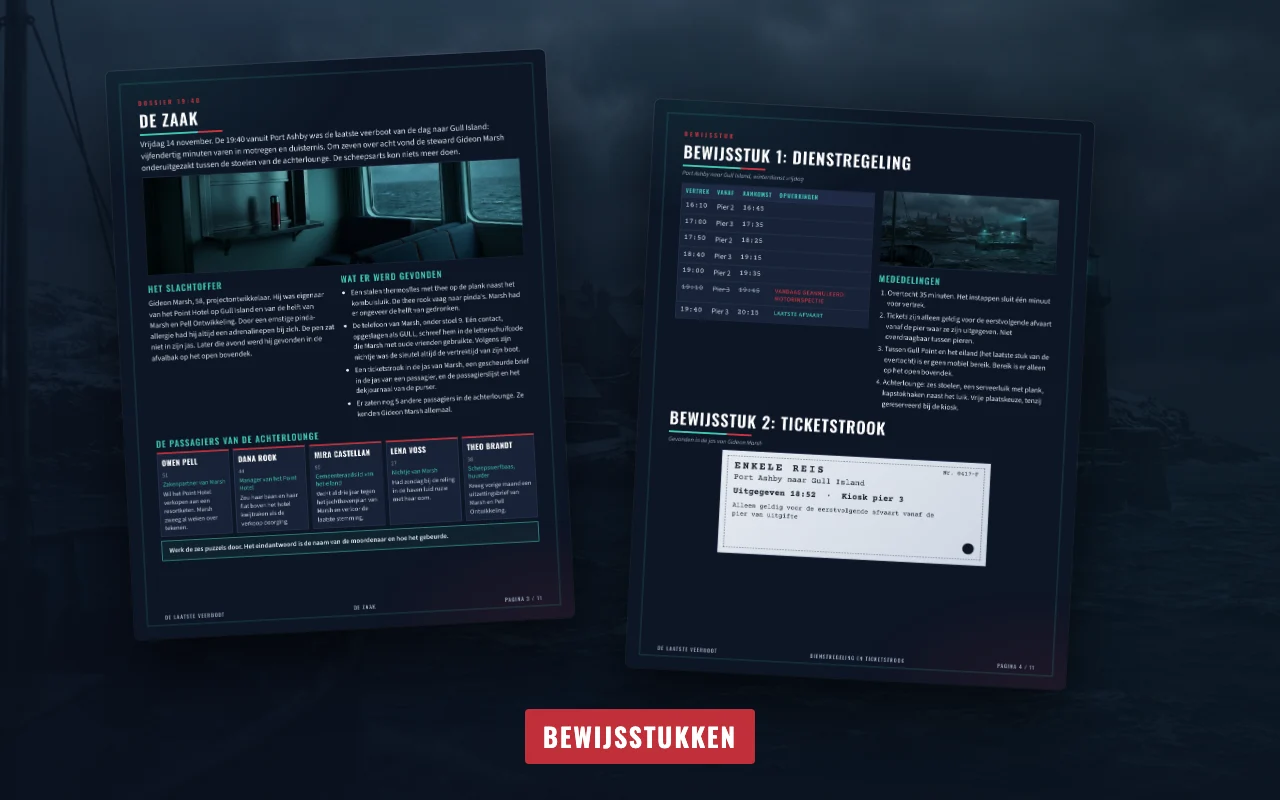 Bewijsstukken uit De Laatste Veerboot: de dienstregeling met ticketstrook en de passagierslijst met dekjournaal