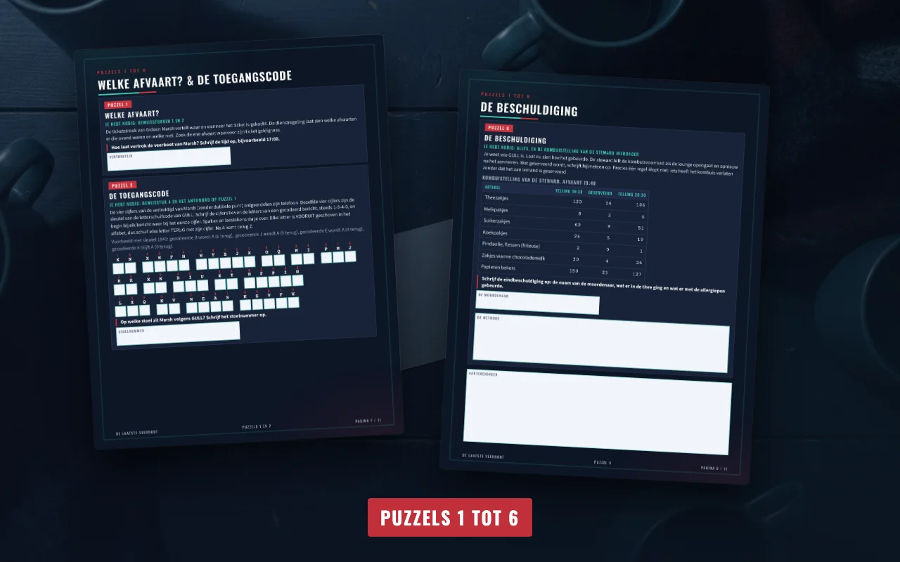 Puzzelpagina's van De Laatste Veerboot met antwoordvakken en de eindbeschuldiging