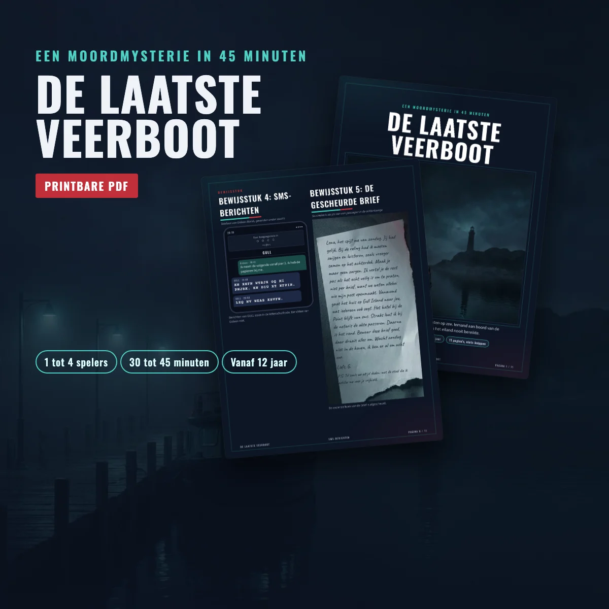 De Laatste Veerboot, printbaar moordmysterie: omslag en bewijsstukken op een donkere achtergrond