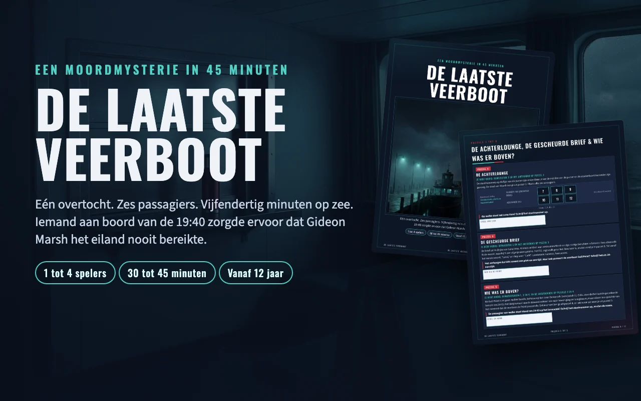 De Laatste Veerboot, printbaar moordmysterie: omslag en bewijsstukken op een donkere achtergrond