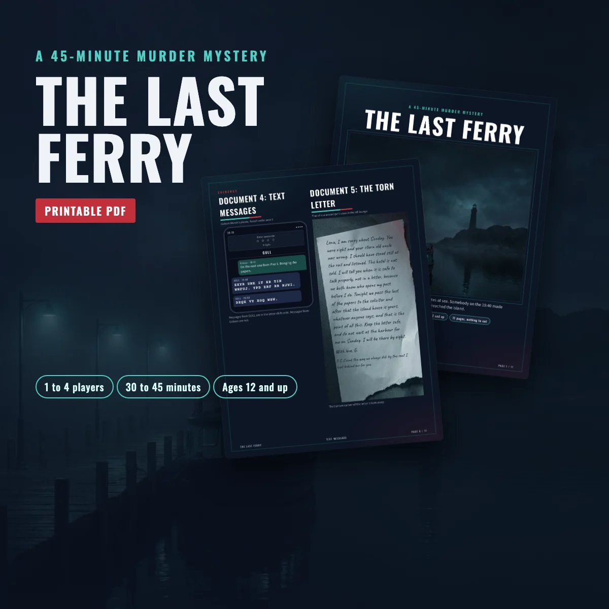 The Last Ferry printable murder mystery: cover and evidence pages on a dark background