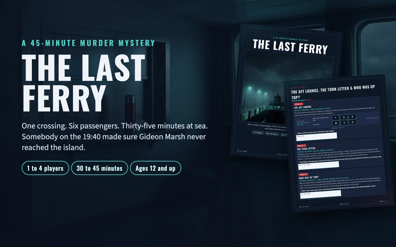 The Last Ferry printable murder mystery: cover and evidence pages on a dark background