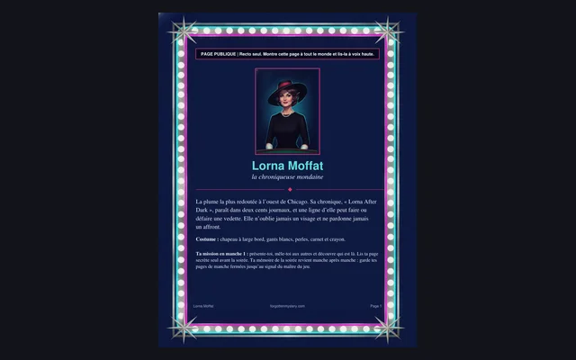 Meurtre au spectacle de minuit: une page publique de personnage (Lorna Moffat)