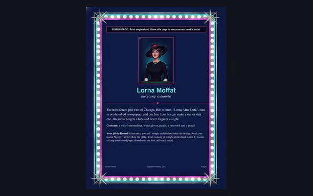 Murder at the Midnight Show: a public character page (Lorna Moffat)
